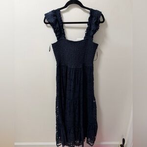 NWT Francesca’s Black Lace Tiered Midi Dress Smocked Bodice Ruffled Straps